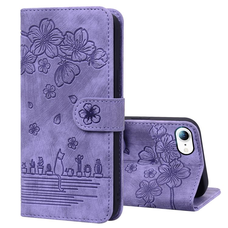 For iPhone 16e Cartoon Sakura Cat Embossed Leather Phone Case(Purple) by bashfashion
