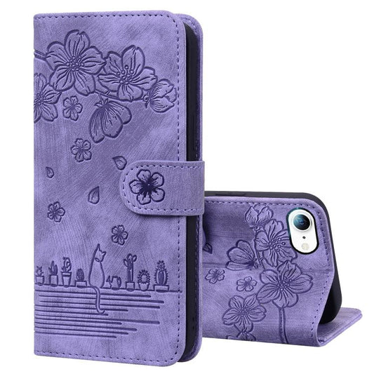 For iPhone 16e Cartoon Sakura Cat Embossed Leather Phone Case(Purple) by bashfashion