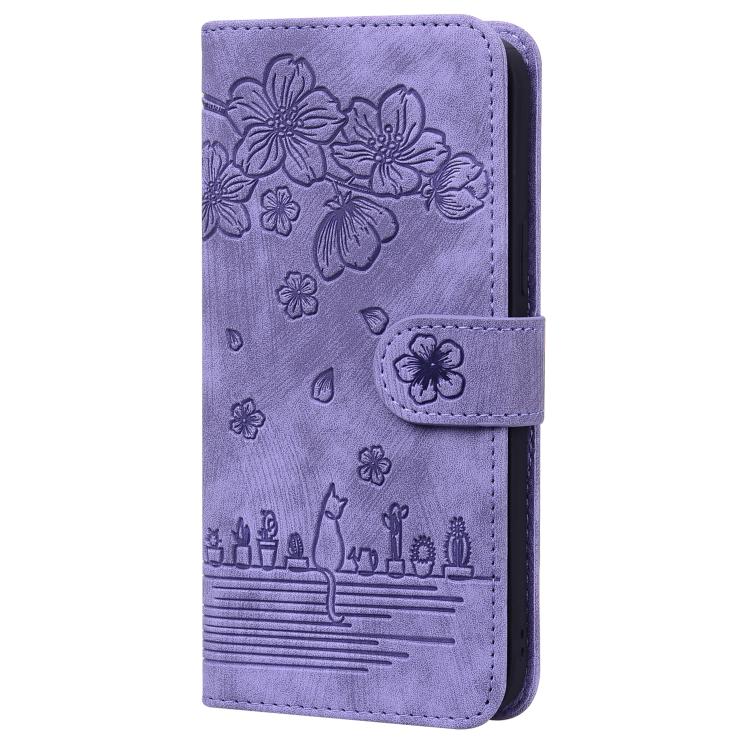 For iPhone 16e Cartoon Sakura Cat Embossed Leather Phone Case(Purple) by bashfashion