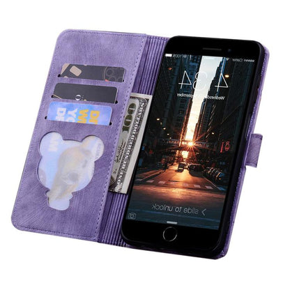 For iPhone 16e Cartoon Sakura Cat Embossed Leather Phone Case(Purple) by bashfashion