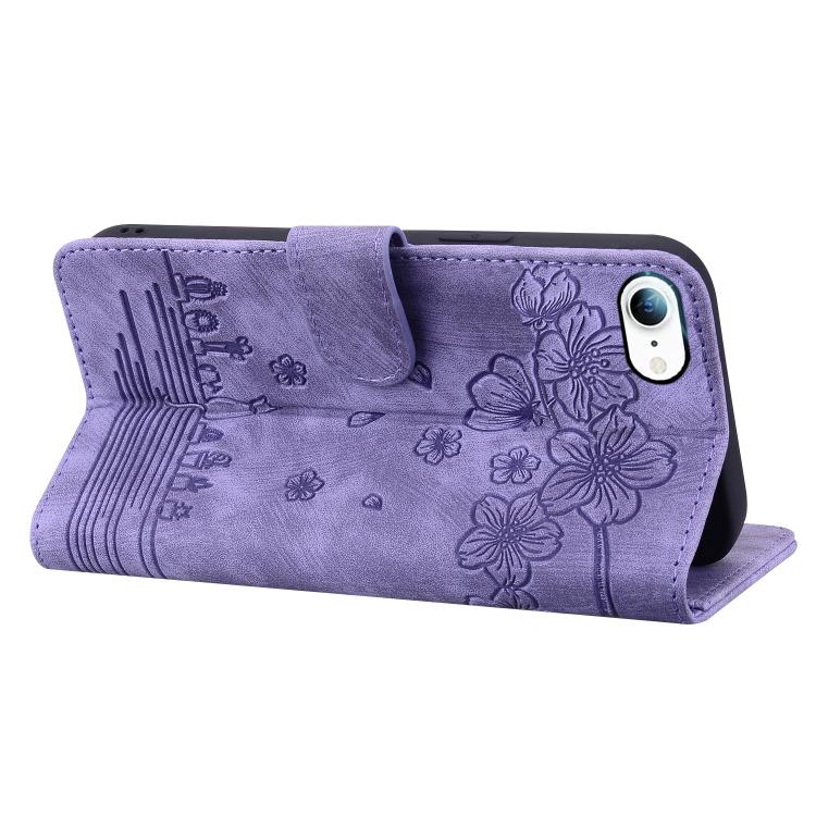 For iPhone 16e Cartoon Sakura Cat Embossed Leather Phone Case(Purple) by bashfashion
