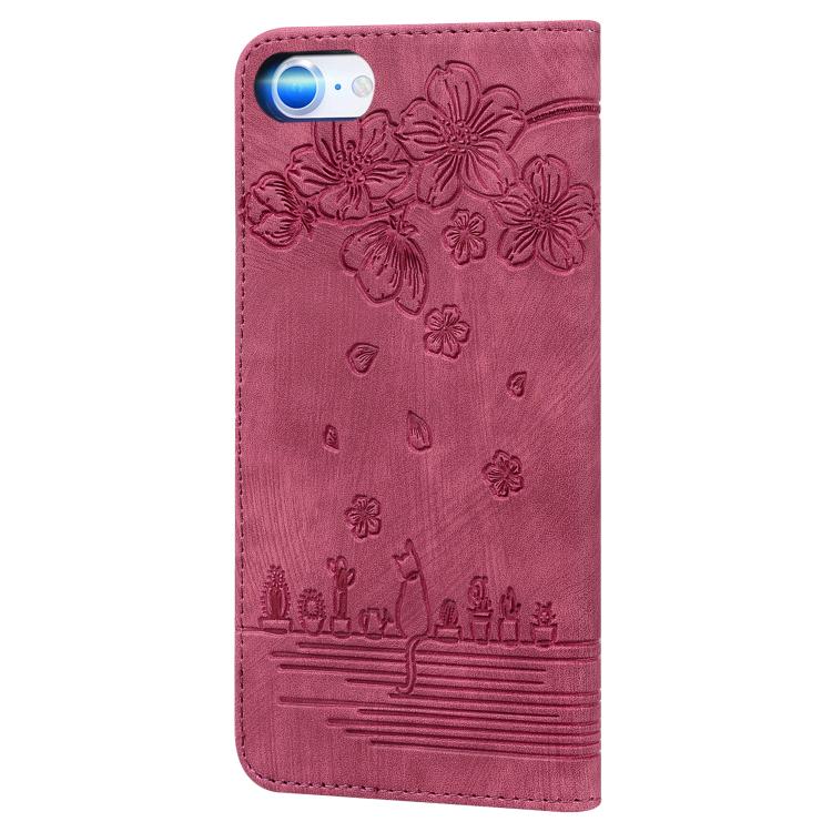 For iPhone 16e Cartoon Sakura Cat Embossed Leather Phone Case(Wine Red) by bashfashion