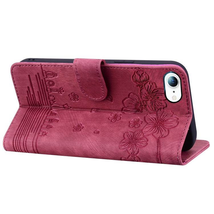 For iPhone 16e Cartoon Sakura Cat Embossed Leather Phone Case(Wine Red) by bashfashion