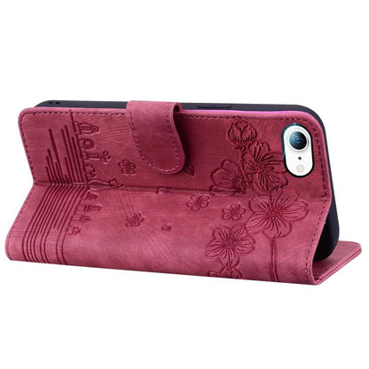 For iPhone 16e Cartoon Sakura Cat Embossed Leather Phone Case(Wine Red) by bashfashion