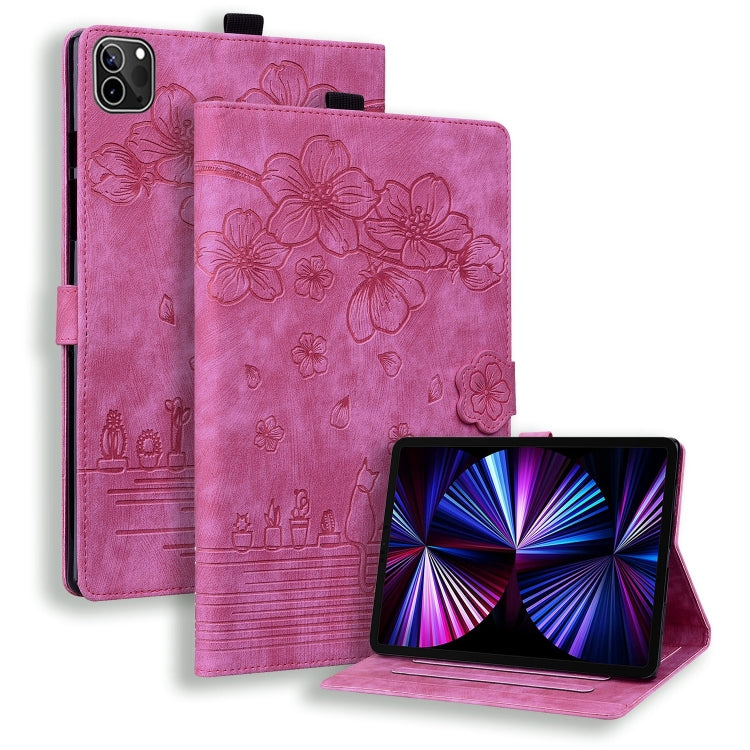 For iPad Pro 12.9 2022 / 2021 Cartoon Sakura Cat Embossed Smart Leather Tablet Case(Rose Red) by bashfashion
