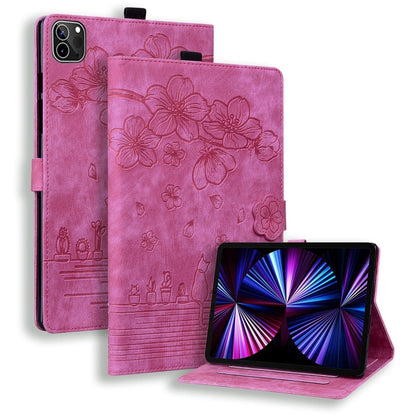 For iPad Pro 12.9 2022 / 2021 Cartoon Sakura Cat Embossed Smart Leather Tablet Case(Rose Red) by bashfashion