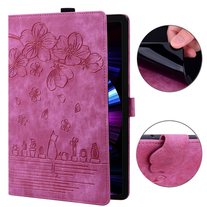 For iPad Pro 12.9 2022 / 2021 Cartoon Sakura Cat Embossed Smart Leather Tablet Case(Rose Red) by bashfashion