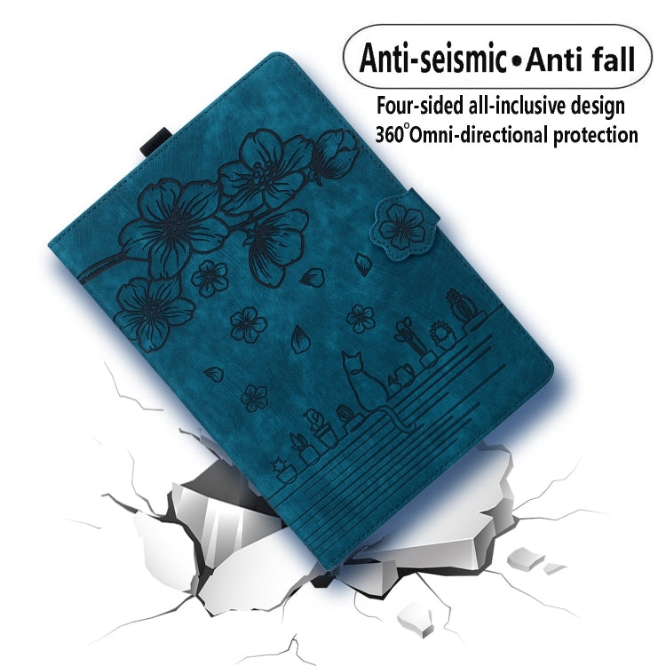 For Samsung Galaxy Tab A8 X200 Cartoon Sakura Cat Embossed Smart Leather Tablet Case(Blue) by bashfashion