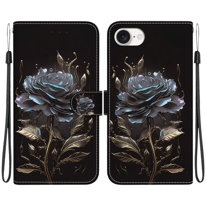 For iPhone 16e Crystal Texture Colored Drawing Leather Phone Case(Black Rose) by bashfashion