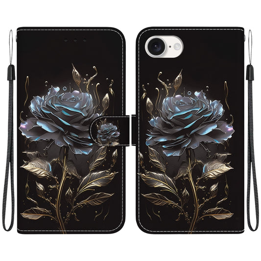 For iPhone 16e Crystal Texture Colored Drawing Leather Phone Case(Black Rose) by bashfashion