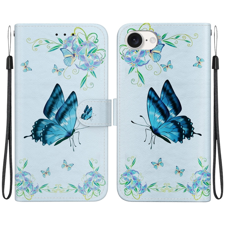 For iPhone 16e Crystal Texture Colored Drawing Leather Phone Case(Blue Pansies) by bashfashion