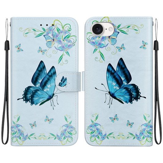 For iPhone 16e Crystal Texture Colored Drawing Leather Phone Case(Blue Pansies) by bashfashion