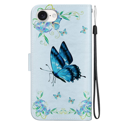For iPhone 16e Crystal Texture Colored Drawing Leather Phone Case(Blue Pansies) by bashfashion