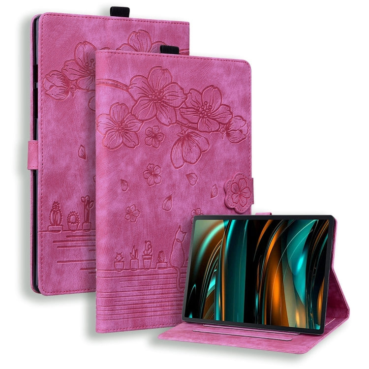 For Samsung Galaxy Tab A11+ / A9+ Cartoon Sakura Cat Embossed Leather Tablet Case(Rose Red) by bashfashion