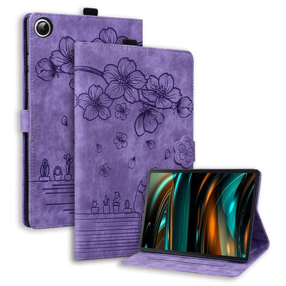 For Samsung Galaxy Tab A11+ / A9+ Cartoon Sakura Cat Embossed Leather Tablet Case(Purple) by bashfashion