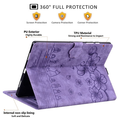 For Samsung Galaxy Tab A11+ / A9+ Cartoon Sakura Cat Embossed Leather Tablet Case(Purple) by bashfashion