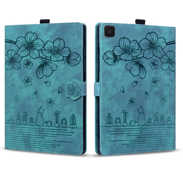 For Samsung Galaxy Tab A7 Lite Cartoon Sakura Cat Embossed Leather Tablet Case(Green) by bashfashion