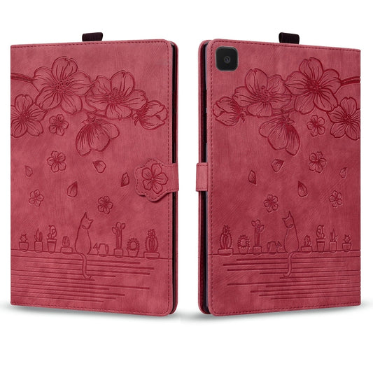 For Samsung Galaxy Tab A7 Lite Cartoon Sakura Cat Embossed Leather Tablet Case(Red) by bashfashion