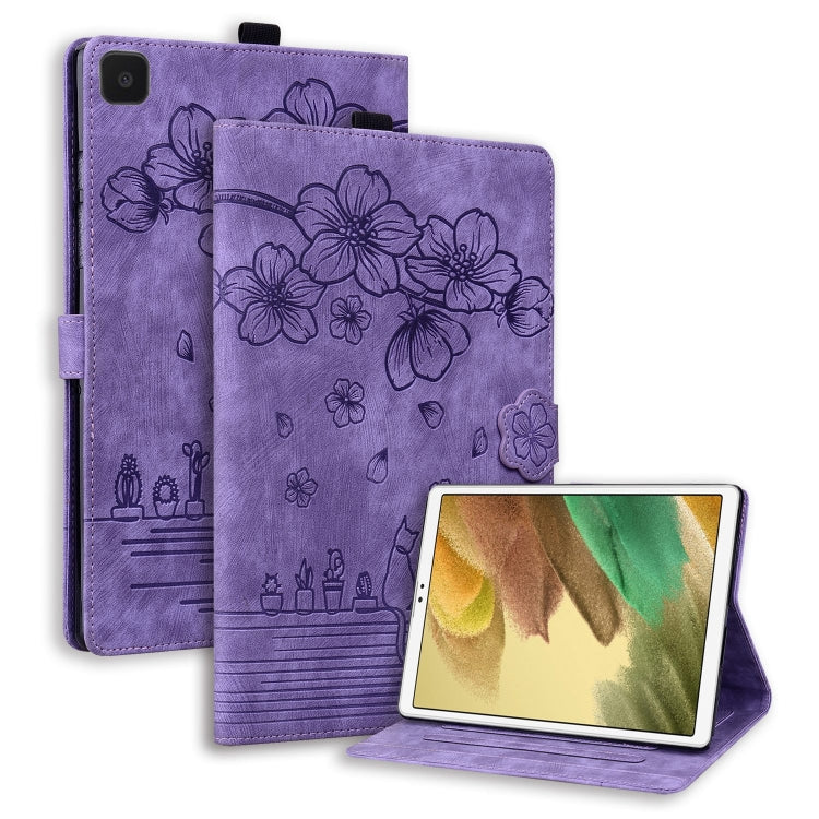 For Samsung Galaxy Tab A7 Lite Cartoon Sakura Cat Embossed Leather Tablet Case(Purple) by bashfashion