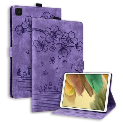 For Samsung Galaxy Tab A7 Lite Cartoon Sakura Cat Embossed Leather Tablet Case(Purple) by bashfashion