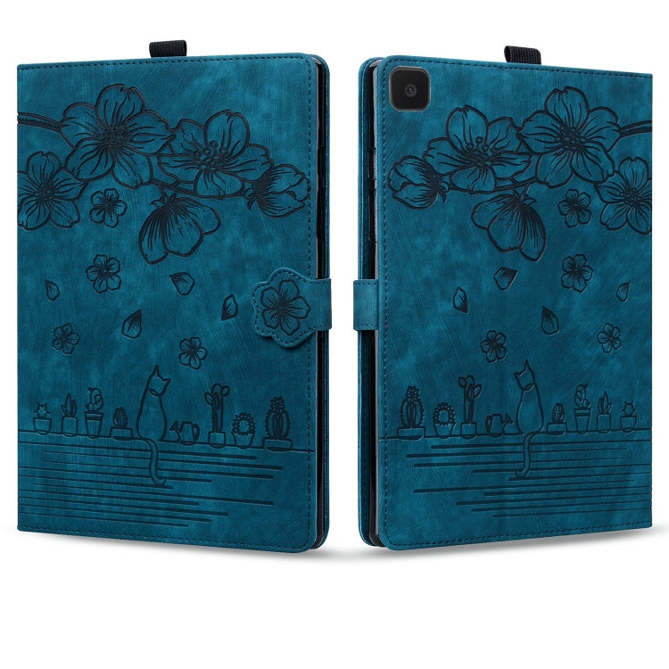 For Samsung Galaxy Tab A7 Lite Cartoon Sakura Cat Embossed Leather Tablet Case(Blue) by bashfashion