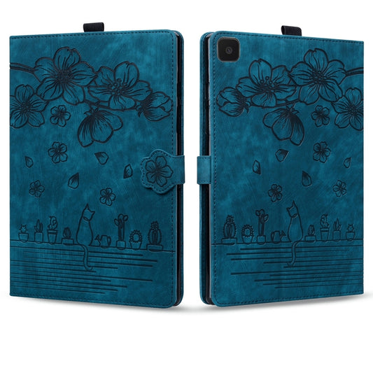 For Samsung Galaxy Tab A7 Lite Cartoon Sakura Cat Embossed Leather Tablet Case(Blue) by bashfashion