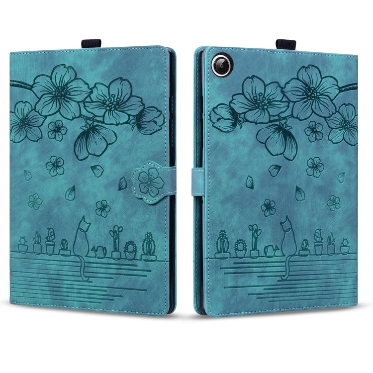 For Samsung Galaxy Tab A11 / A9 Cartoon Sakura Cat Embossed Leather Tablet Case(Green) by bashfashion