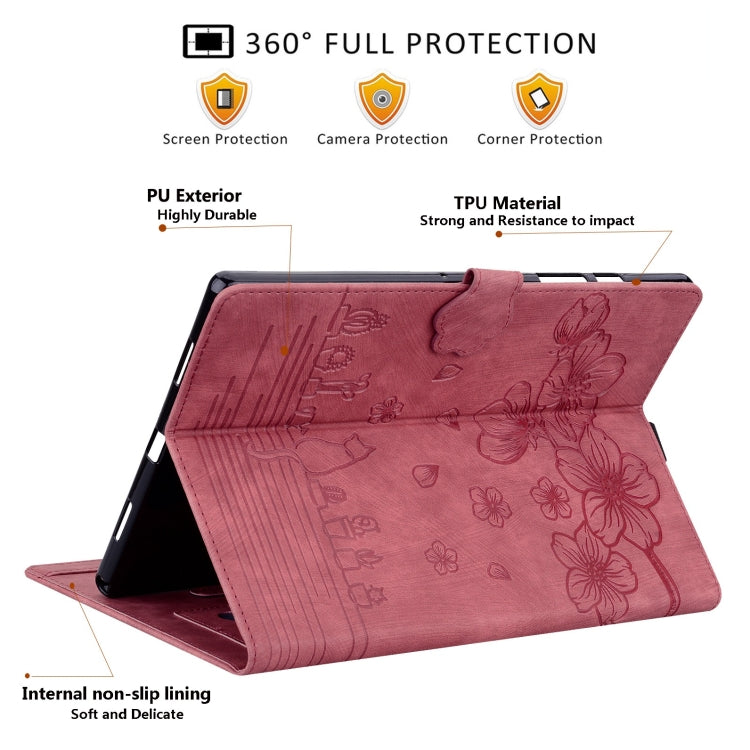 For Samsung Galaxy Tab A11 / A9 Cartoon Sakura Cat Embossed Leather Tablet Case(Red) by bashfashion
