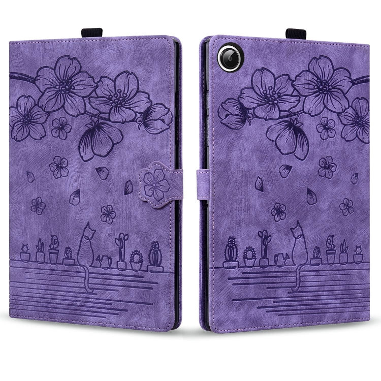 For Samsung Galaxy Tab A11 / A9 Cartoon Sakura Cat Embossed Leather Tablet Case(Purple) by bashfashion