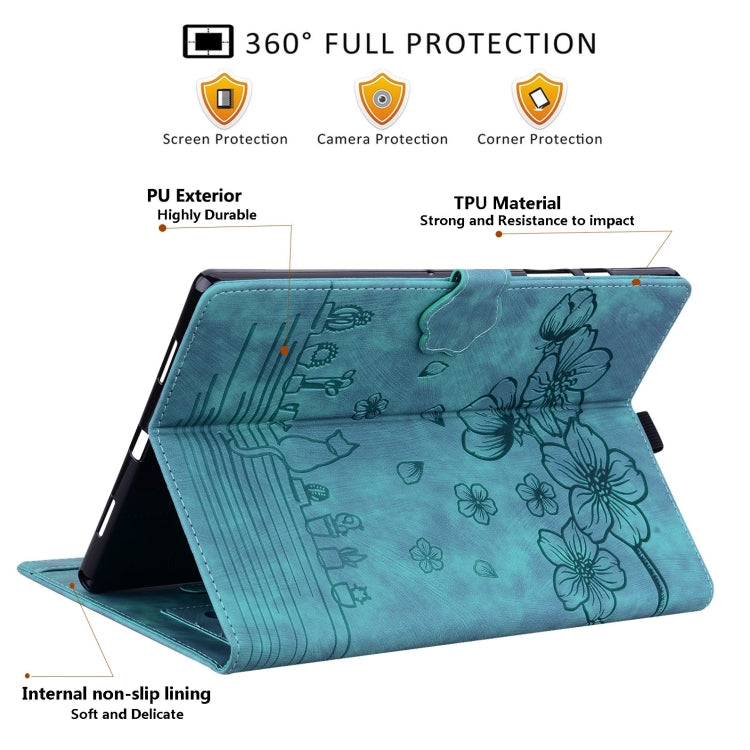 For Samsung Galaxy Tab S9 FE Cartoon Sakura Cat Embossed Leather Tablet Case(Green) by bashfashion