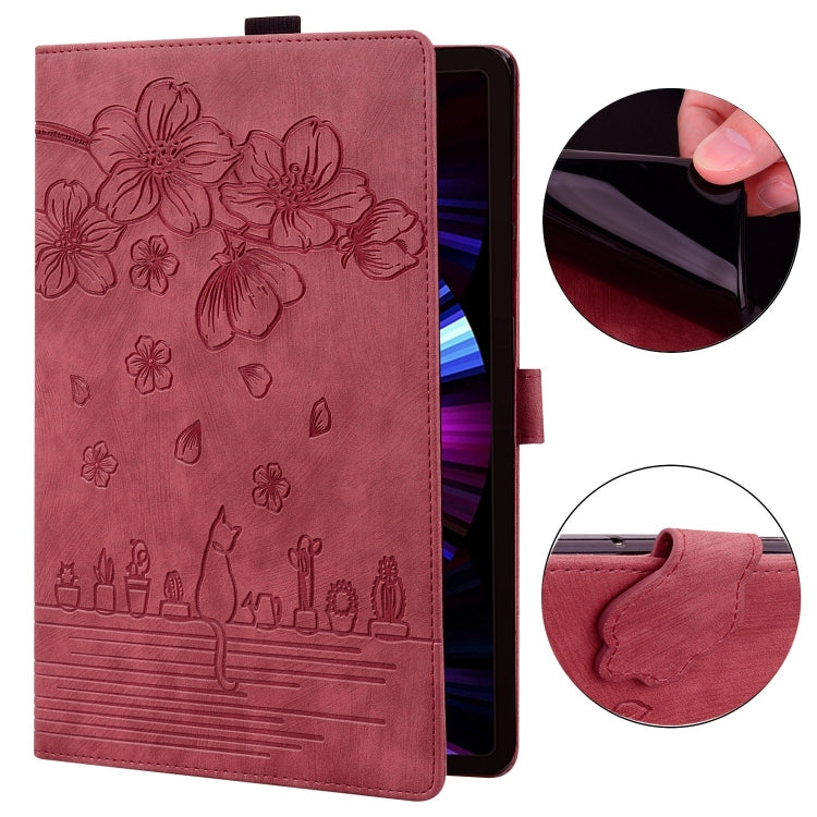 For Samsung Galaxy Tab S9 FE Cartoon Sakura Cat Embossed Leather Tablet Case(Red) by bashfashion