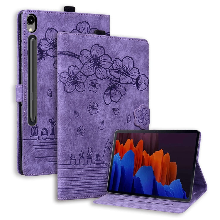 For Samsung Galaxy Tab S9 FE Cartoon Sakura Cat Embossed Leather Tablet Case(Purple) by bashfashion