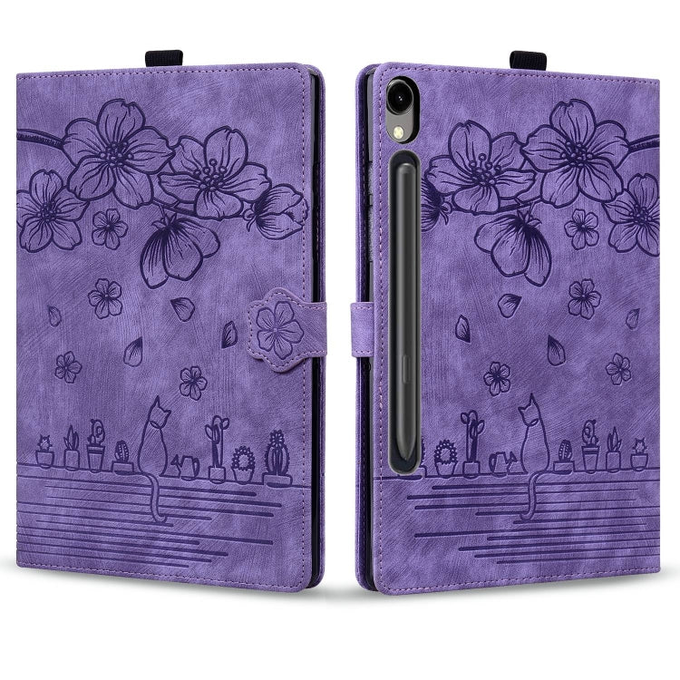 For Samsung Galaxy Tab S9 FE Cartoon Sakura Cat Embossed Leather Tablet Case(Purple) by bashfashion