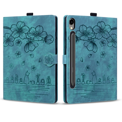 For Samsung Galaxy Tab S9 FE+ Cartoon Sakura Cat Embossed Leather Tablet Case(Green) by bashfashion