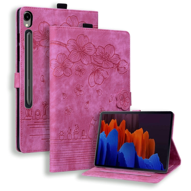 For Samsung Galaxy Tab S9 FE+ Cartoon Sakura Cat Embossed Leather Tablet Case(Rose Red) by bashfashion