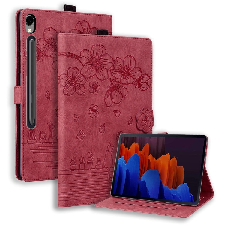 For Samsung Galaxy Tab S9 FE+ Cartoon Sakura Cat Embossed Leather Tablet Case(Red) by bashfashion