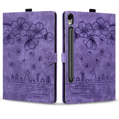 For Samsung Galaxy Tab S9 FE+ Cartoon Sakura Cat Embossed Leather Tablet Case(Purple) by bashfashion
