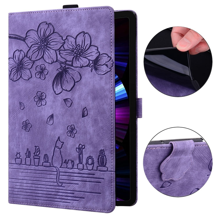 For Samsung Galaxy Tab S9 FE+ Cartoon Sakura Cat Embossed Leather Tablet Case(Purple) by bashfashion