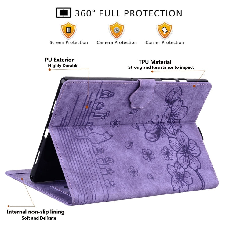 For Samsung Galaxy Tab S9 FE+ Cartoon Sakura Cat Embossed Leather Tablet Case(Purple) by bashfashion