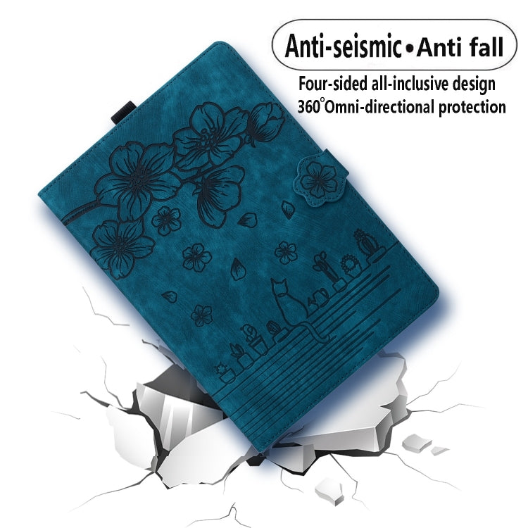 For Samsung Galaxy Tab S9 FE+ Cartoon Sakura Cat Embossed Leather Tablet Case(Blue) by bashfashion