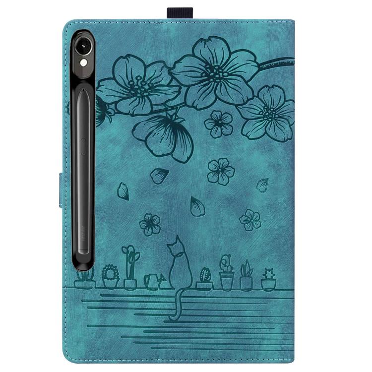 For Samsung Galaxy Tab S10 FE+ Cartoon Sakura Cat Embossed Leather Tablet Case(Green) by bashfashion