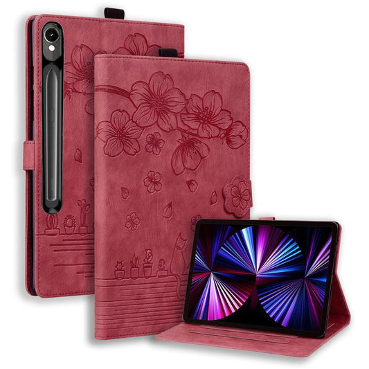 For Samsung Galaxy Tab S10 FE+ Cartoon Sakura Cat Embossed Leather Tablet Case(Red) by bashfashion