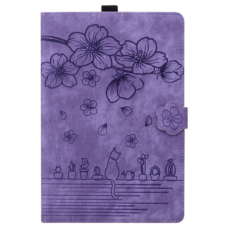 For Samsung Galaxy Tab S10 FE+ Cartoon Sakura Cat Embossed Leather Tablet Case(Purple) by bashfashion