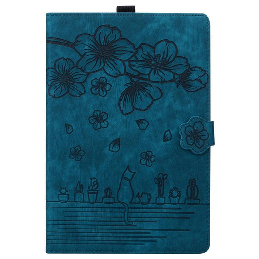 For Samsung Galaxy Tab S10 FE+ Cartoon Sakura Cat Embossed Leather Tablet Case(Blue) by bashfashion