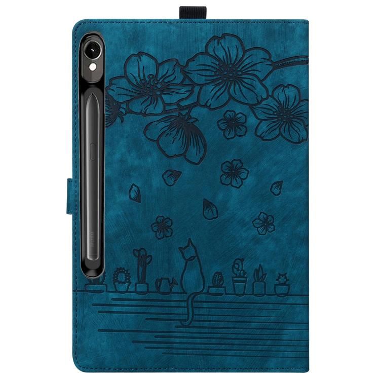 For Samsung Galaxy Tab S10 FE+ Cartoon Sakura Cat Embossed Leather Tablet Case(Blue) by bashfashion