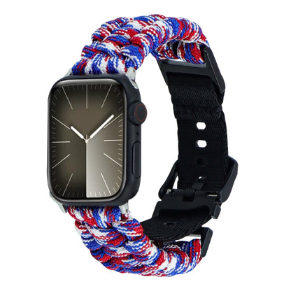 For Apple Watch Series 7 45mm Paracord Plain Braided Webbing Buckle Watch Band(Red White Blue) by bashfashion