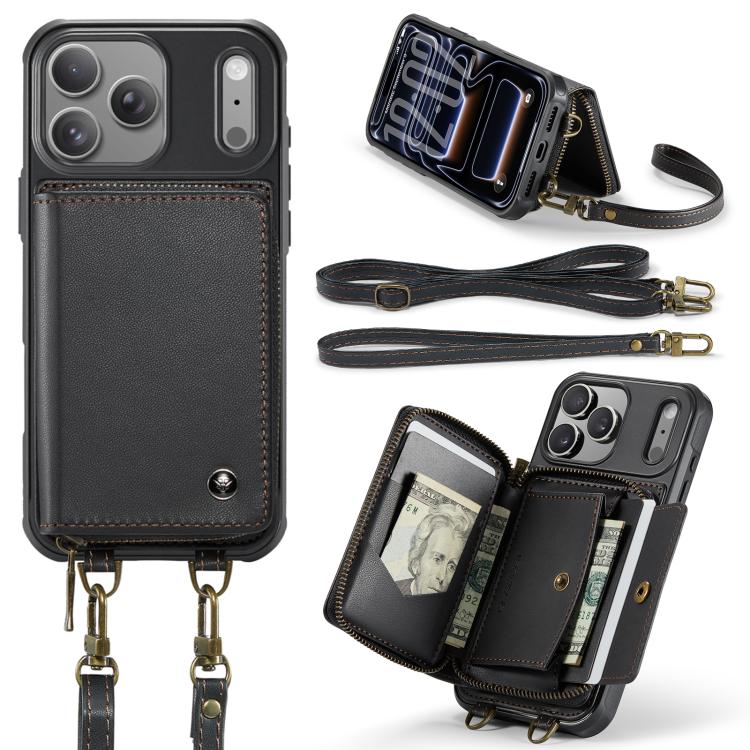 For iPhone 17 Pro Max JEEHOOD C22 Series Zipper Wallet Leather Phone Case with Dual Lanyard(Black) by JEEHOOD