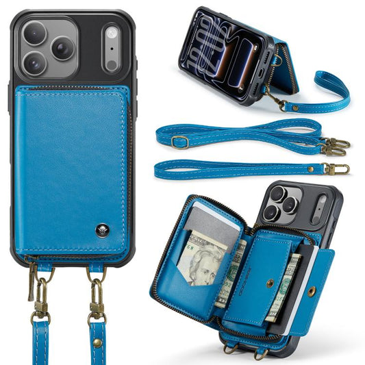 For iPhone 17 Pro Max JEEHOOD C22 Series Zipper Wallet Leather Phone Case with Dual Lanyard(Blue) by JEEHOOD