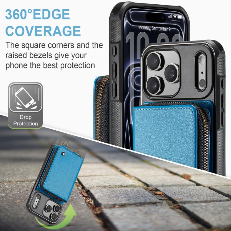 For iPhone 17 Pro Max JEEHOOD C22 Series Zipper Wallet Leather Phone Case with Dual Lanyard(Blue) by JEEHOOD