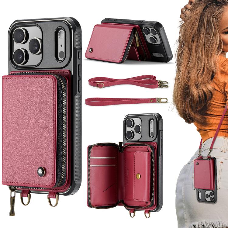 For iPhone 17 Pro Max JEEHOOD C22 Series Zipper Wallet Leather Phone Case with Dual Lanyard(Red) by JEEHOOD